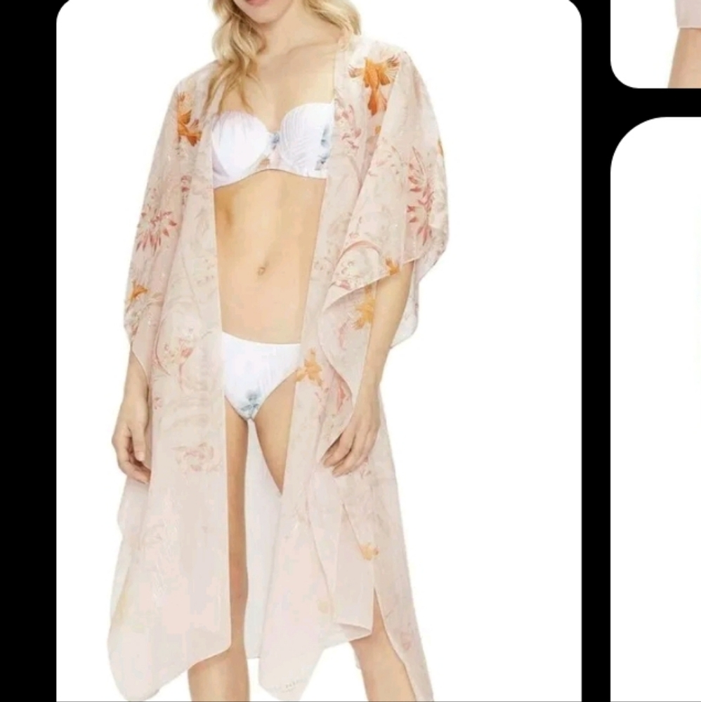 Ted Baker Rhiaa Rhapsody Kimono Pink Mettallic Threading Birds Floral Size OS - Picture 2 of 9